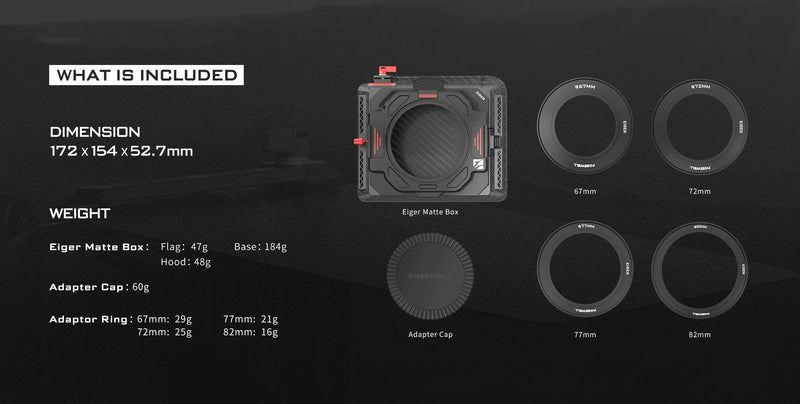 Items included in the Freewell Eiger Matte Box Kit: Matte Box, Adapter Cap, and Adapter Rings for 67mm, 72mm, 77mm, and 82mm lenses