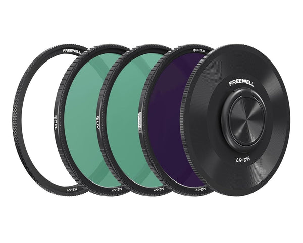 Freewell 3-Pack 67mm M2 Magnetic Quick Swap Filter Set featuring ND1000, CPL, and UV filters. Crafted for high-quality outdoor photography and instant filter swaps.