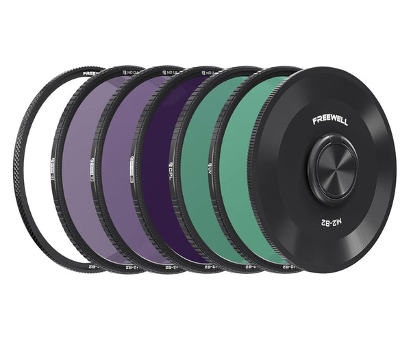 Freewell 5-Pack 82mm M2 Magnetic Quick Swap Filter Set showcasing ND, CPL, and UV filters, redefining swift transitions and impeccable image quality.