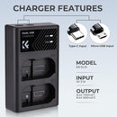 K&F Concept EN-EL15 Digital Camera Dual Channel Charger with Type-C Charging Cable