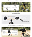 K&F Concept 77" Aluminium Tripod with 3-Way Head and Phone Holder