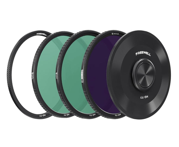 Freewell 3-Pack 77mm M2 Magnetic Quick Swap Filter Set with ND1000, CPL, and UV filters, crafted for perfect outdoor photography and instantaneous filter changes.