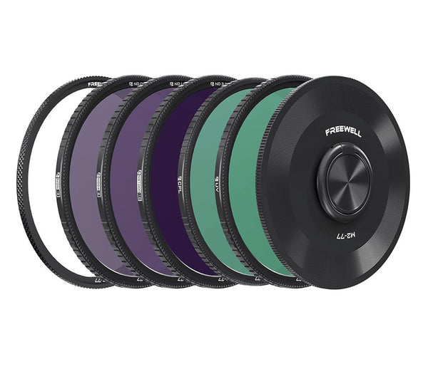 Freewell 5-Pack 77mm M2 Magnetic Quick Swap Filter Set featuring ND, CPL, and UV filters, designed for impeccable image clarity and swift filter changes.