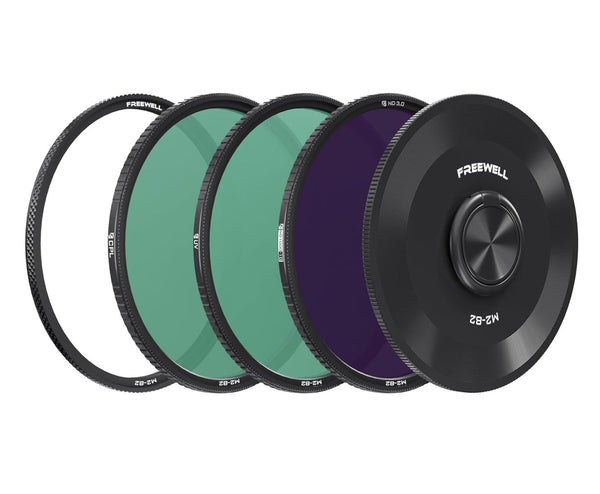 Freewell 3-Pack 82mm M2 Magnetic Quick Swap Filter Set featuring ND1000, CPL, and UV filters, designed for ultimate outdoor photography and lightning-fast filter changes.
