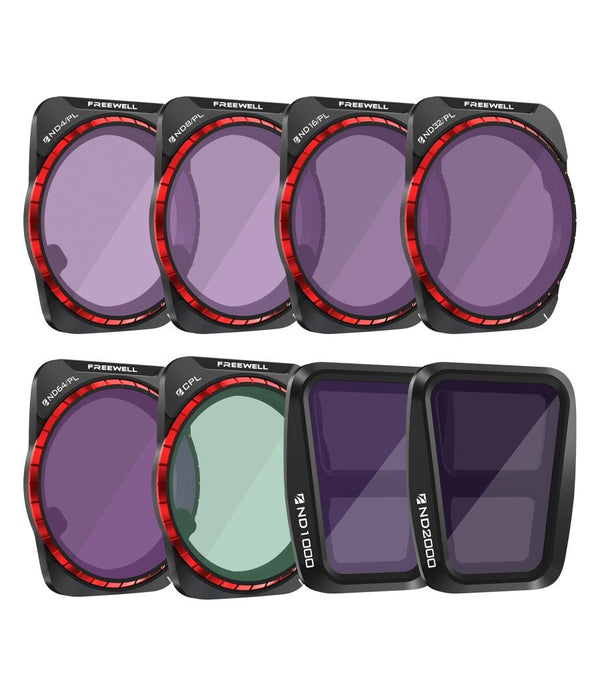 Freewell's 8-Pack All Day Filter Kit for DJI Air 3, designed for stunning aerial imagery with ND/PL Hybrid Filters, ND Filters, and CPL Filter, offering vivid color and reduced glare, catering to all lighting conditions and outdoor photography.