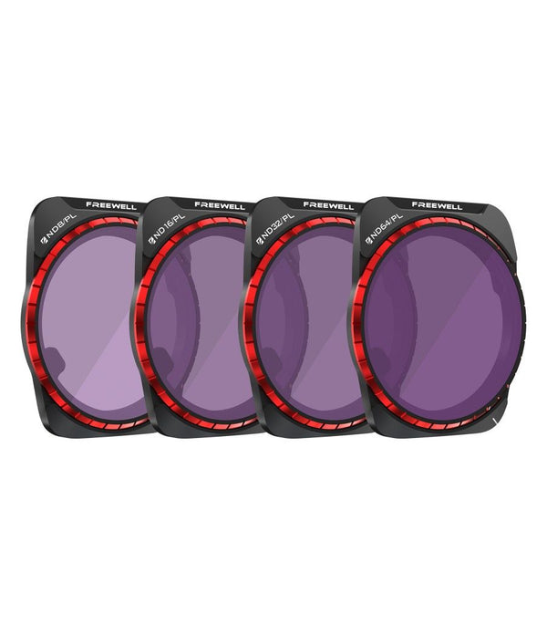 Freewell's 4-Pack Bright Day ND/PL Filters featuring ND8/PL, ND16/PL, ND32/PL, ND64/PL filters for the DJI Air 3 drone, designed for reduced glare and stunning imagery during bright, sunny days.