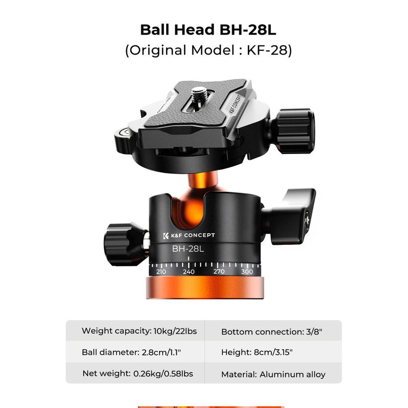 K&F Concept K255A4 Magnesium Aluminum Alloy Tripod with BH-28L Ball Head