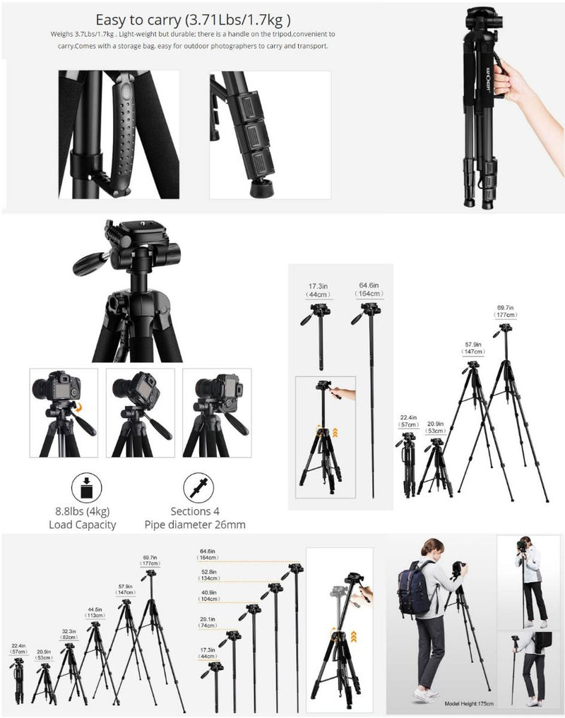 K&F Concept 69.7" Portable Compact Tripod with Phone/Pad Mount (Black)