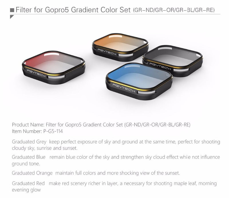 PGY Tech GoPro Hero6/5 Gradient Filters 4-pack (GR-ND/GR-OR/GR-BL/GR-RE)