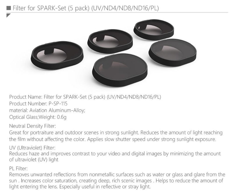 PGY Tech DJI Spark Filters 5-pack UV/ND4/ND8/ND16/PL
