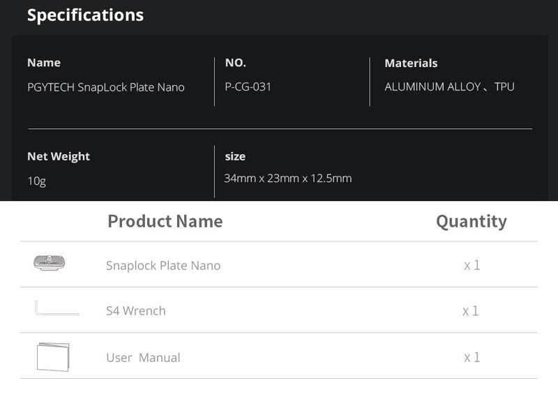 PGYTECH SnapLock Plate Nano
