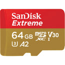 SanDisk Extreme microSDXC SQXA2 64GB V30 U3 C10 A2 UHS-I Card with Adapter 160MB/S R 60MB/S W 4X6 SDADAPT